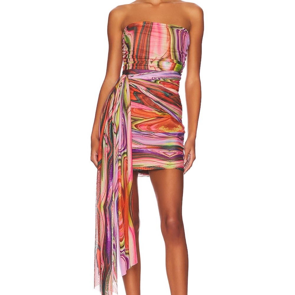 Elliatt Orange and Pink Asymmetrical Strapless Cocktail Dress
